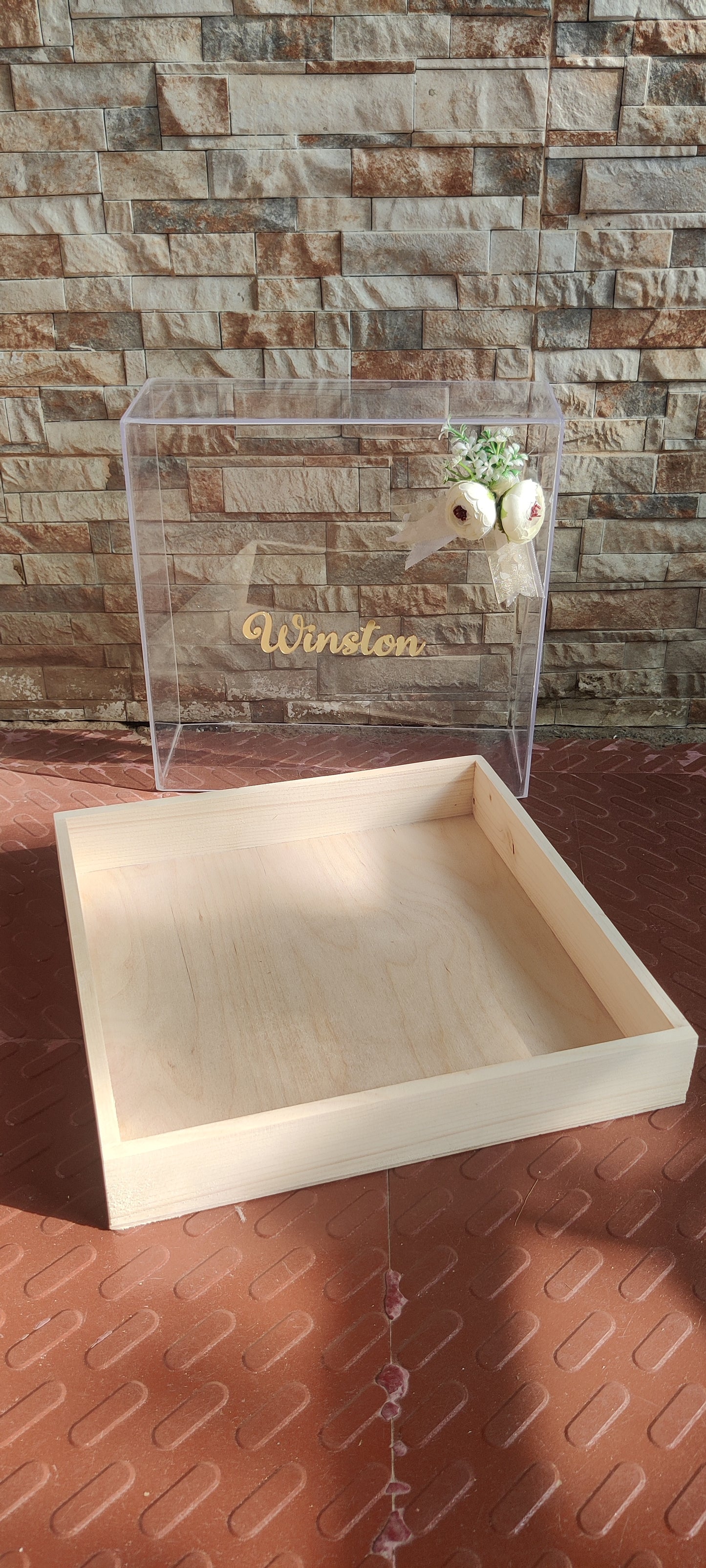 Pinewood box with Name and White flowers
