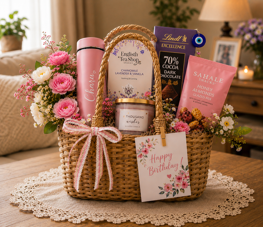 bliss and bloom birthday gift basket with tea chocolates and candle