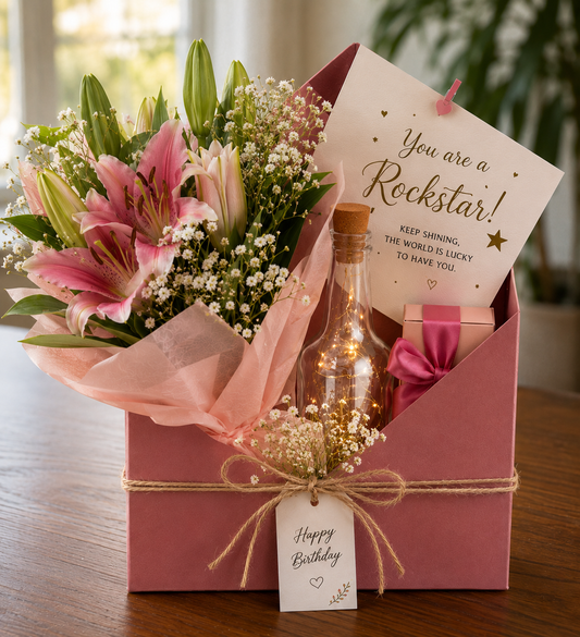 birthday gift hamper with pink lily bouquet in envelope gifting box