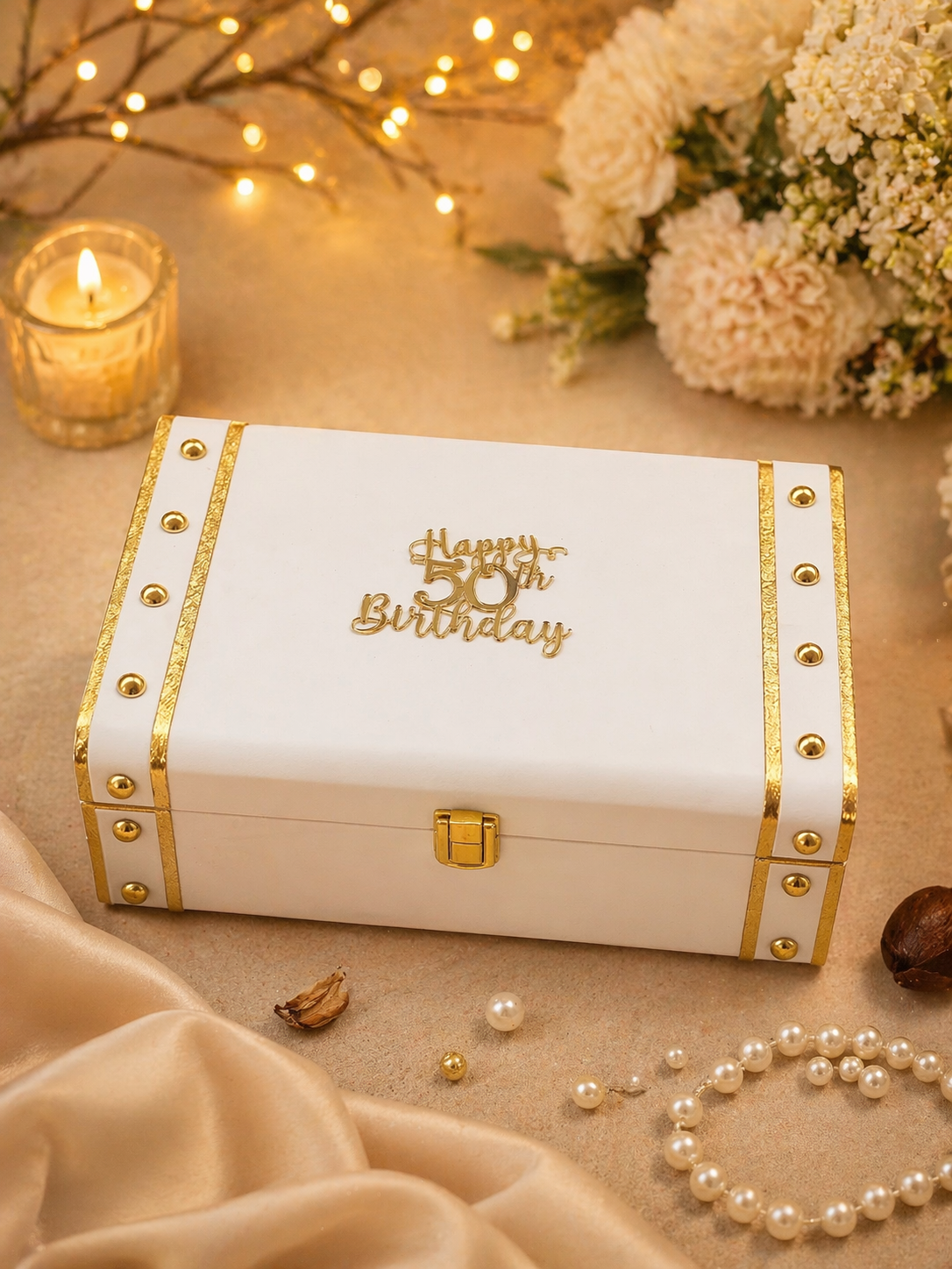 50th birthday gift hamper for women in a leatherite trunk box, view 2