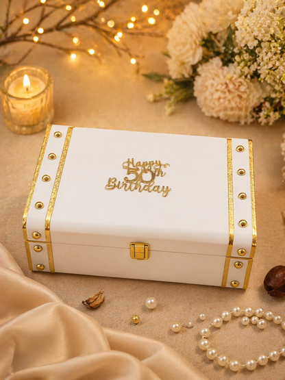50th birthday gift hamper for women in a leatherite trunk box, view 2