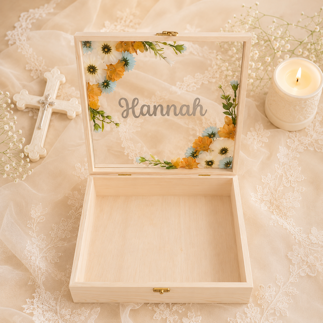 pearl meadow premium pinewood baby keepsake memory box, view 3