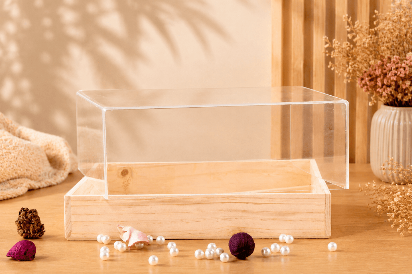 acrylic top gift box with pinewood base 12x12x4 inch, view 3