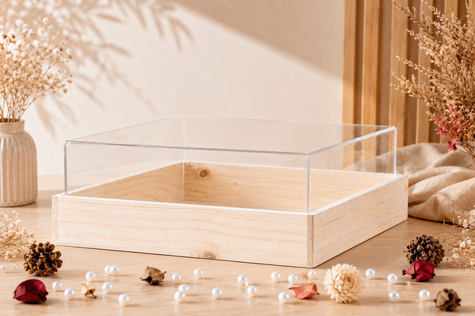 acrylic top gift box with pinewood base 12x12x4 inch, view 1
