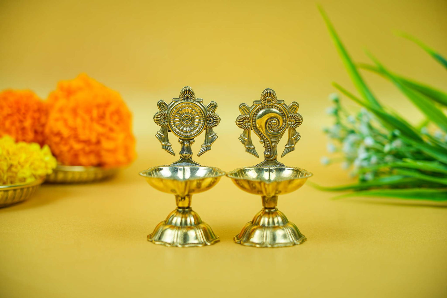 Divya Shankh Chakra Brass Diya – Set of 2