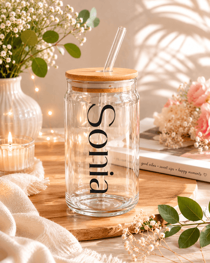 Personalised glass sipper with bamboo lid