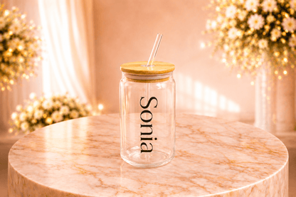 Personalised glass sipper with bamboo lid