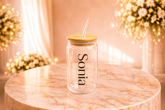 Personalised glass sipper with bamboo lid